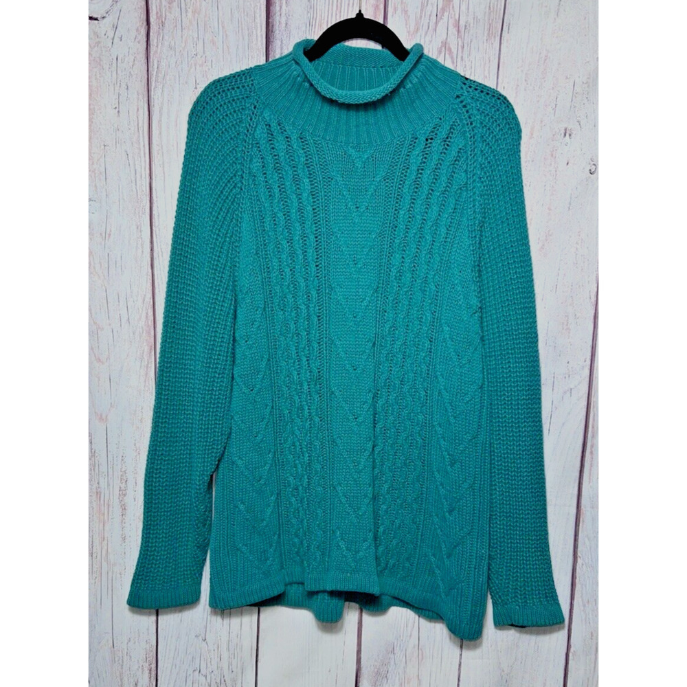 Forenza Womens Vintage 80s Green Chunky Knit Roll Neck Cotton Pullover Sweater L